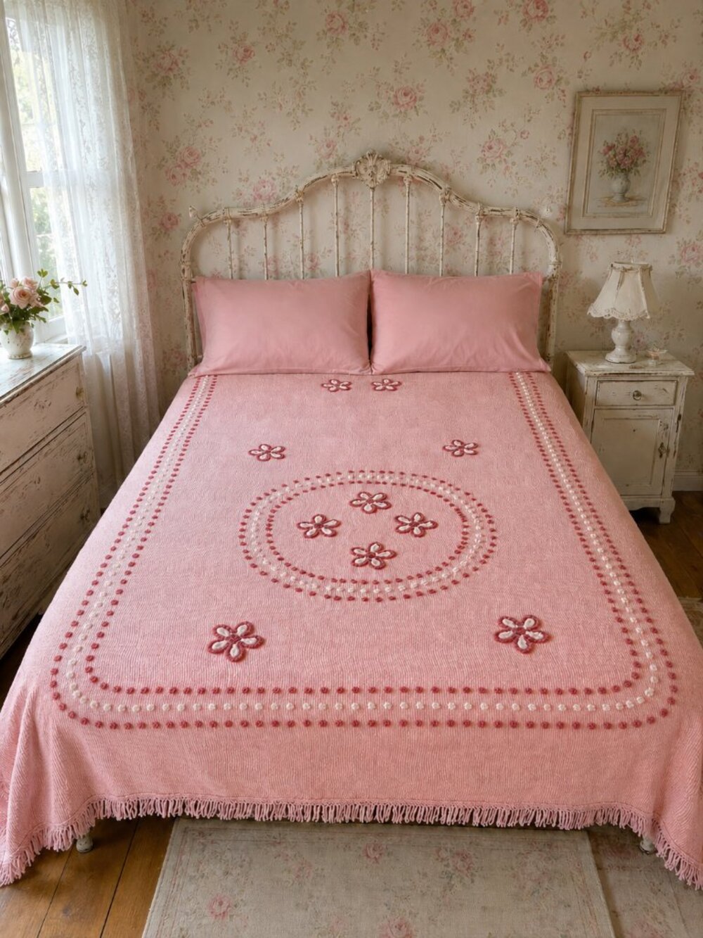 Vintage Pink Chenille Queen Bedspread Floral Tufted Fringe
